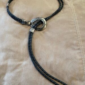 Braided Black Leather Lariat Belt with Silver Accent